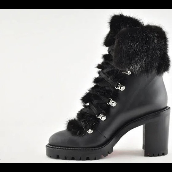 ISO Christian Louboutin Fanny 70 Black Calf Leather Fur Heel Combat Boots.8-8.5 - Picture 3 of 7